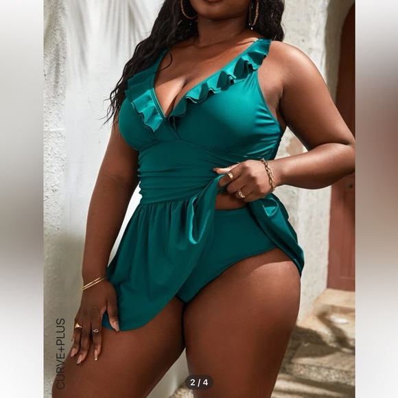 🍉SHEIN Plus Size ruffle trim ruched tankini swimsuit, NWT, teal - Picture 4 of 5